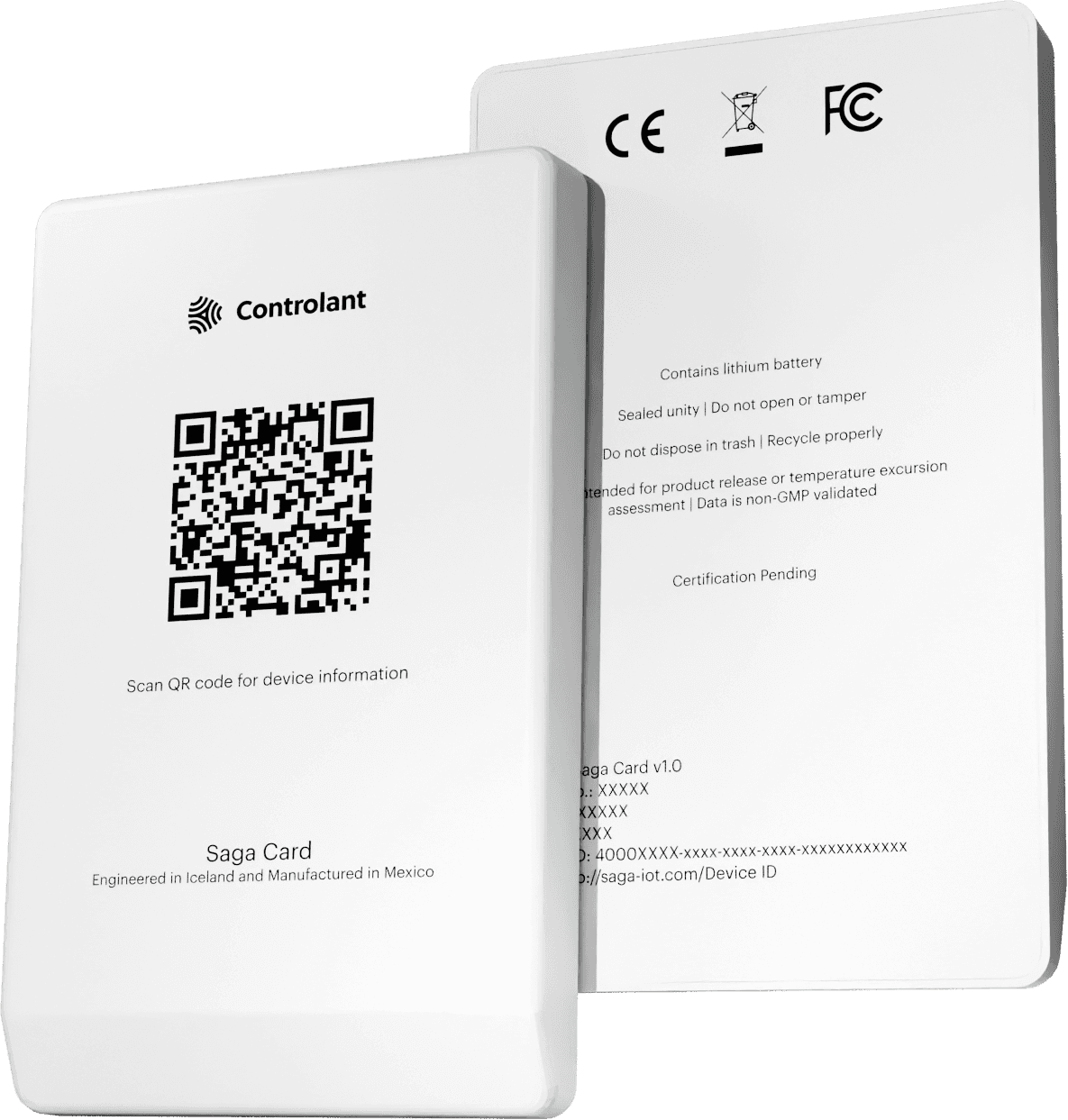 Two Saga Card devices angled against a dark background, one showing a QR code and the other its regulatory markings