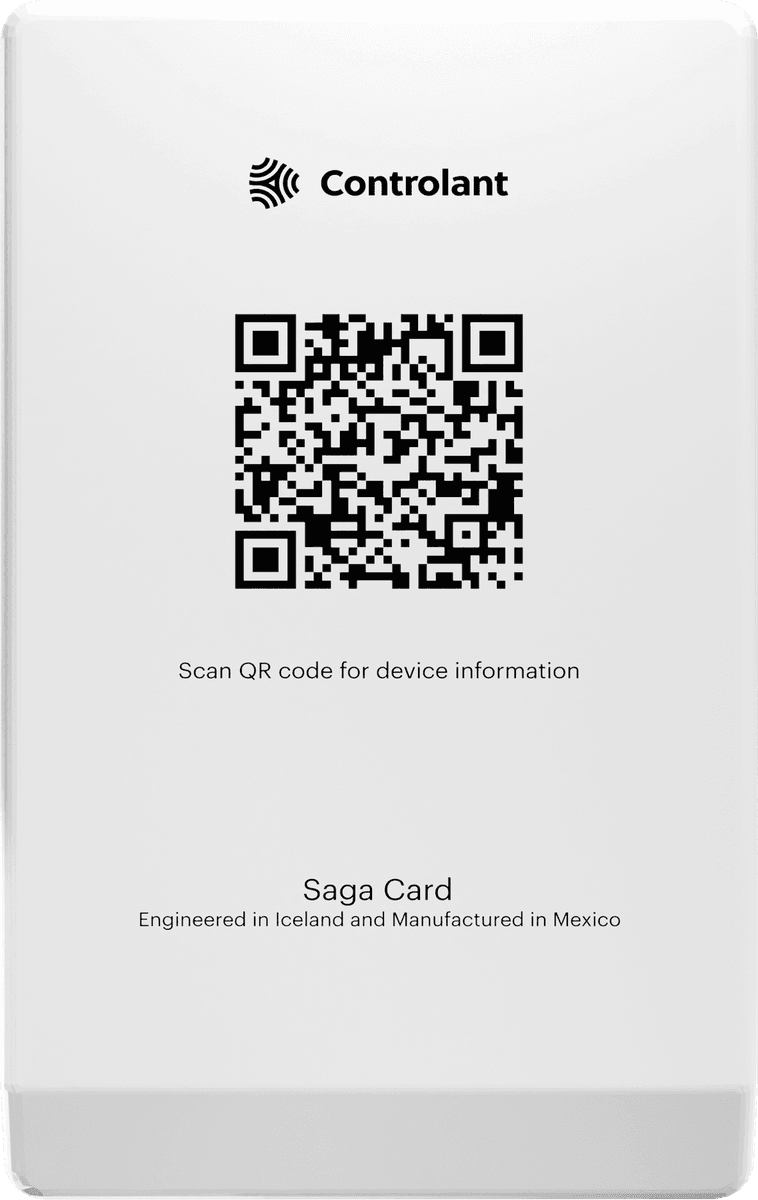 Saga Card from the front: a white card with the Controlant logo, a QR code over the line "Scan QR code for device information", and "Saga Card, Engineered in Iceland and Manufactured in Mexico" printed near the foot