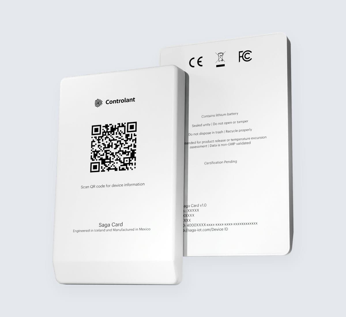 Saga Card, front and back, on a pale gray ground