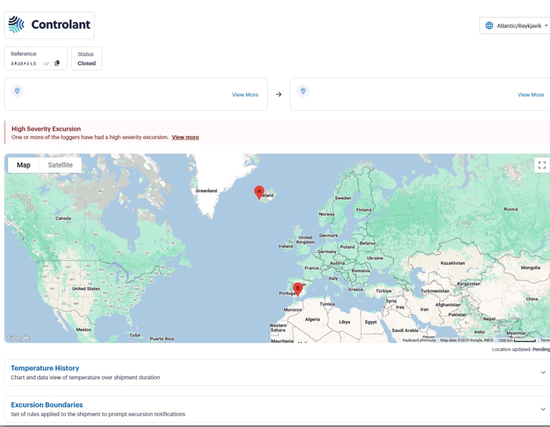 The share view that opens from the link: shipment status, a map of the route from Iceland to Spain and Portugal, and the Temperature History and Excursion Boundaries rows