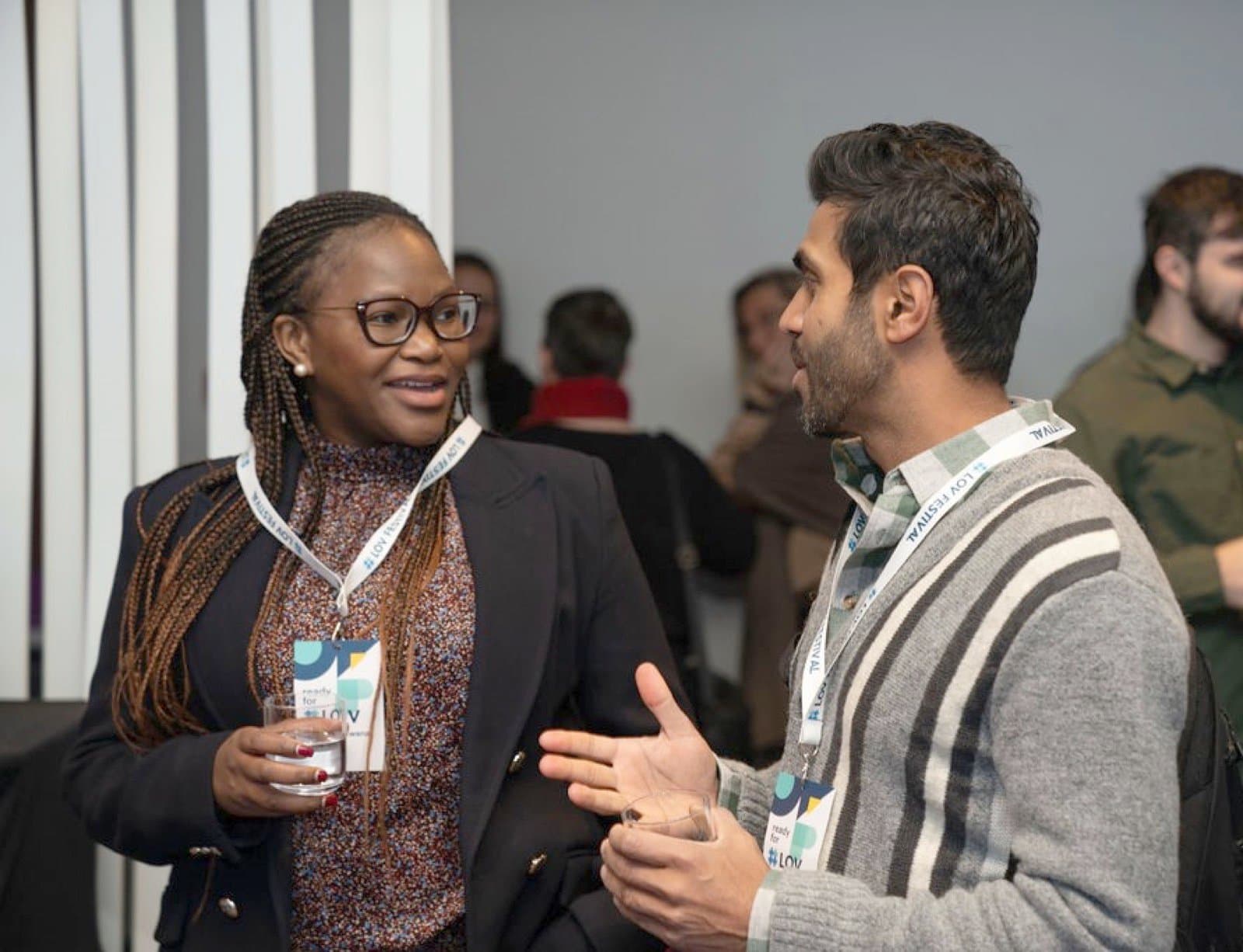 Two Controlant colleagues in conversation at a company event