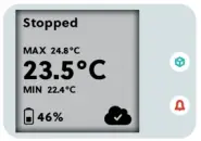 Device screen in Stopped mode with a cloud icon and a tick in the bottom right corner