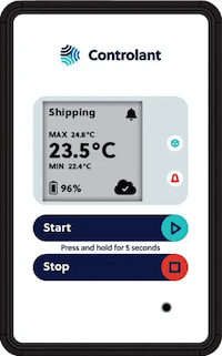 Saga device in Shipping mode, 23.5 °C. The Start and Stop buttons sit below the screen, with the note: press and hold for 5 seconds