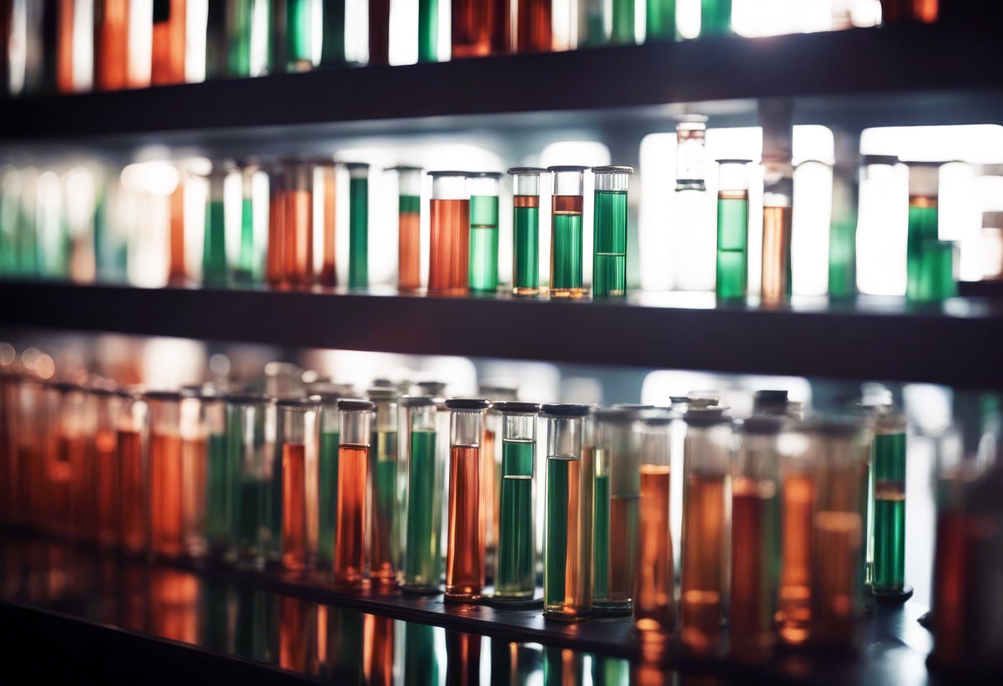 Shelves of laboratory test tubes filled with colored liquids