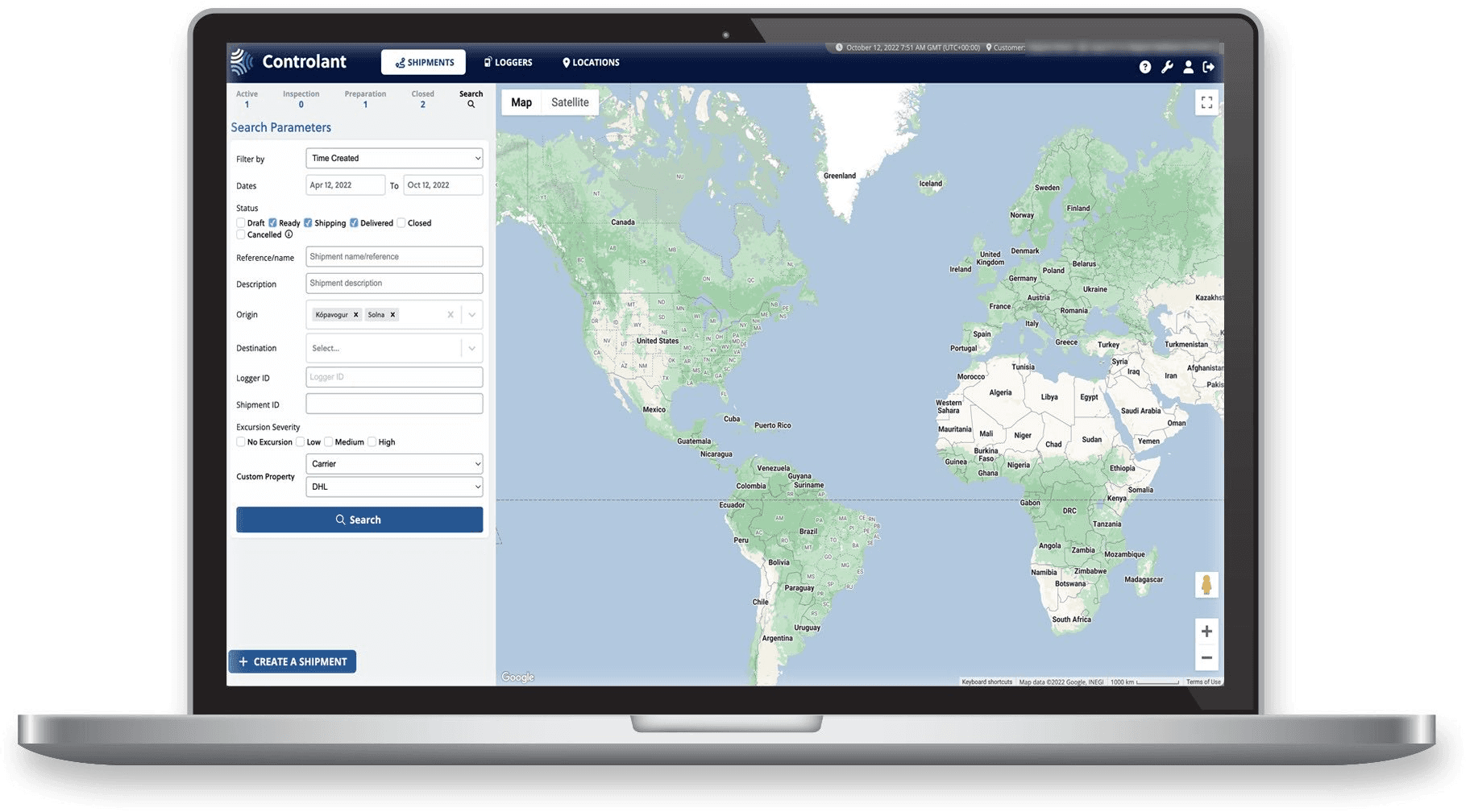 A laptop showing the Controlant Platform's shipment search panel beside a world map