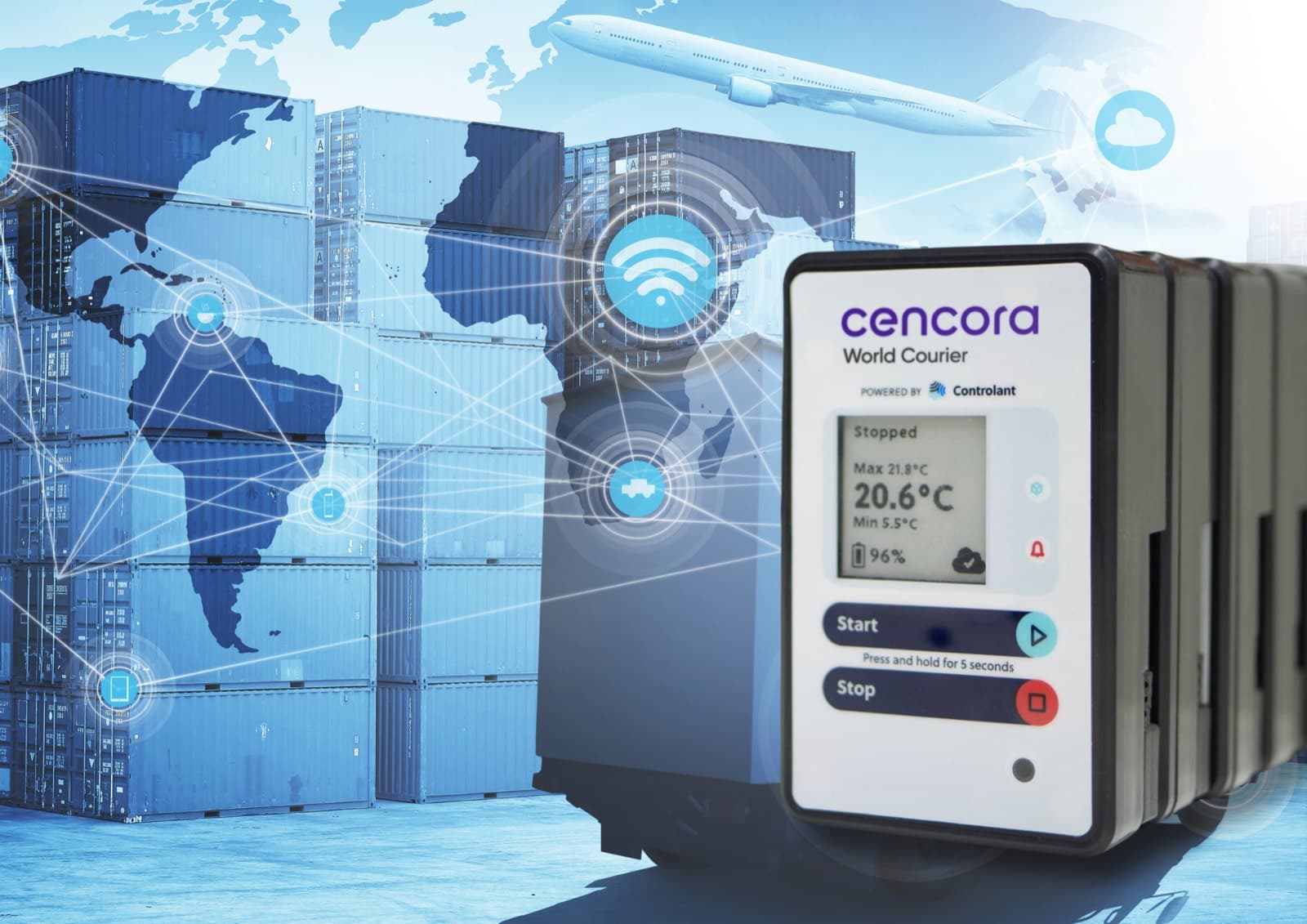 A Cencora World Courier device powered by Controlant, reading 20.6 °C, in front of a stylized world map with more devices stacked behind it
