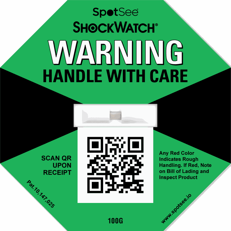 A green octagonal ShockWatch label rated 100G, marked Warning, handle with care, with a QR code to scan on receipt