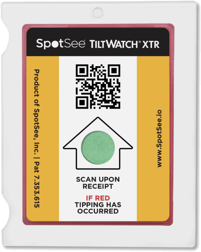 A TiltWatch XTR QR tilt indicator in its clear case, with a QR code marked Scan upon receipt and a green dot that turns red if tipping has occurred