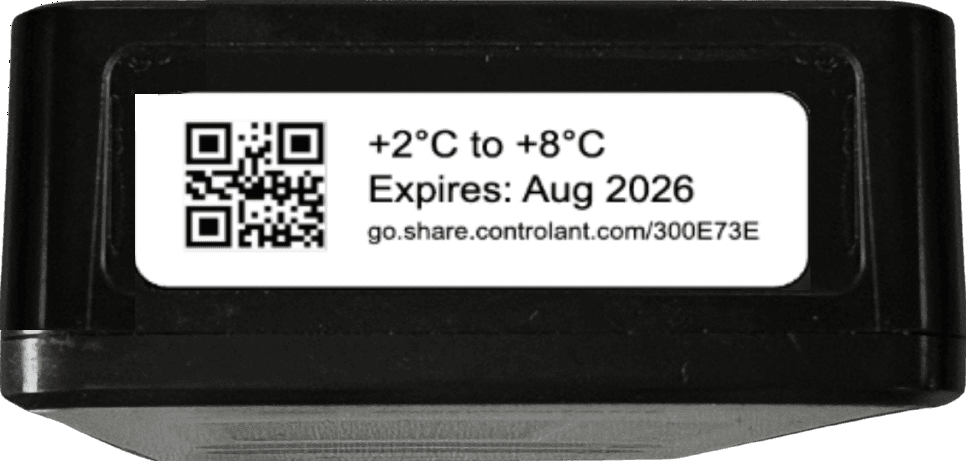 The top of a Saga device with its white label: a QR code, +2 °C to +8 °C, Expires Aug 2026, and the address go.share.controlant.com/300E73E