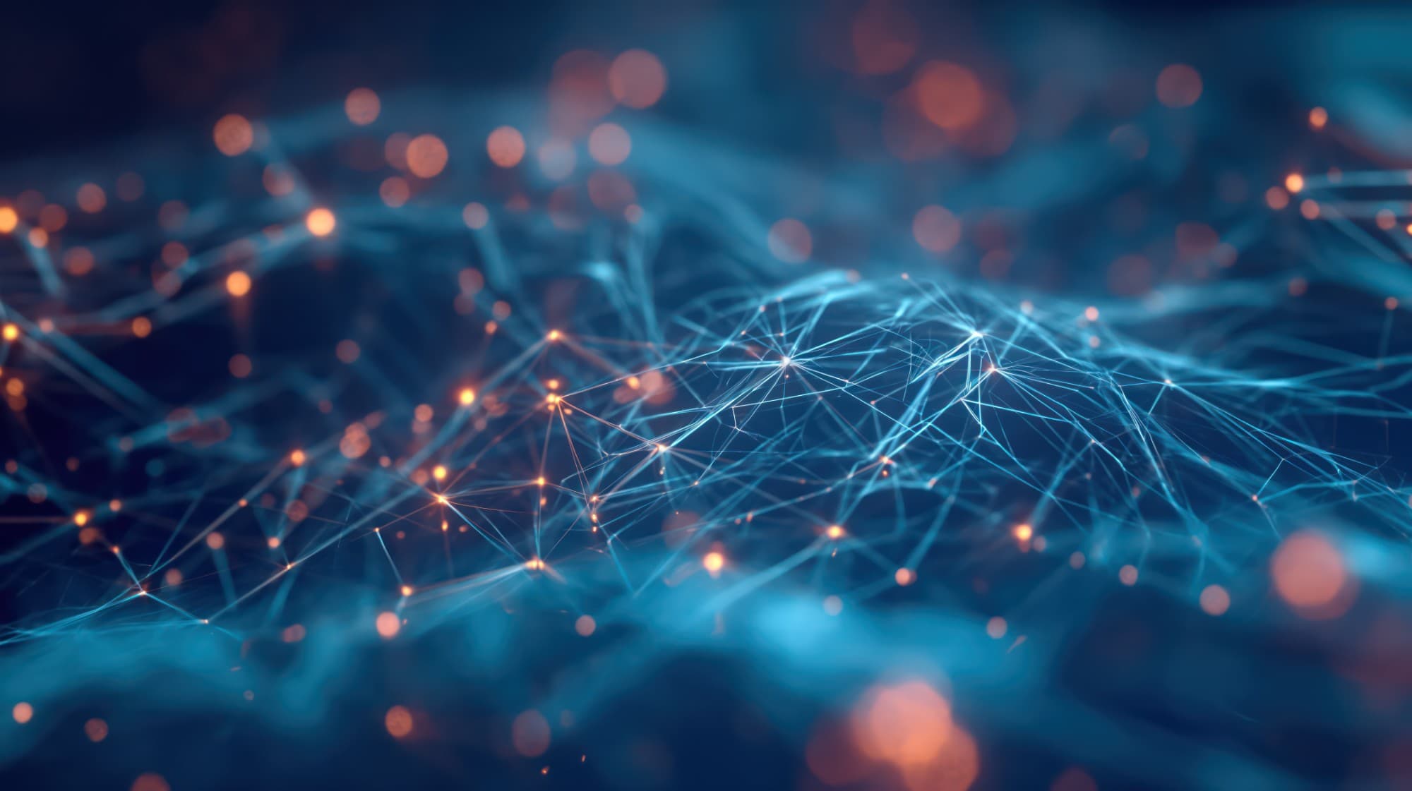 Abstract network of glowing blue lines and warm points of light