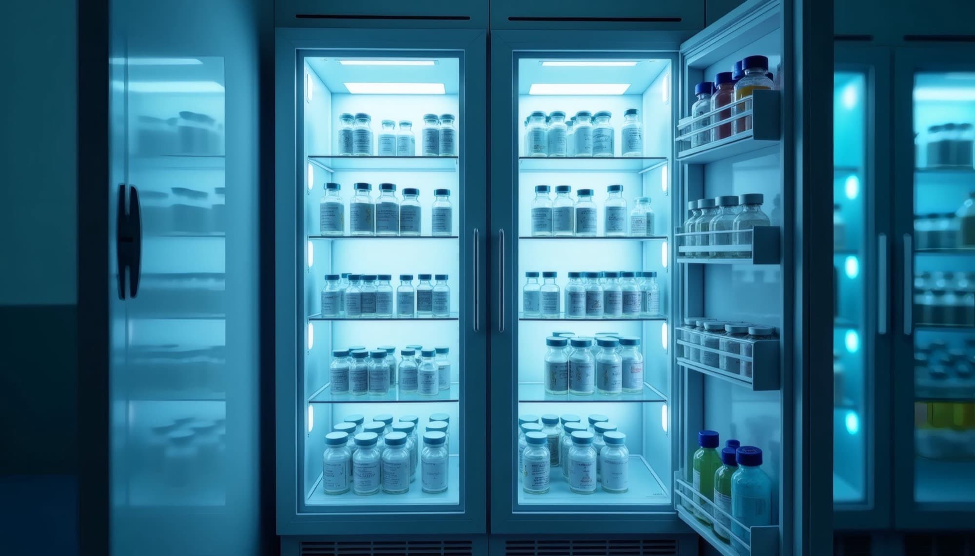 A row of lit clinical storage fridges holding vials of investigational product